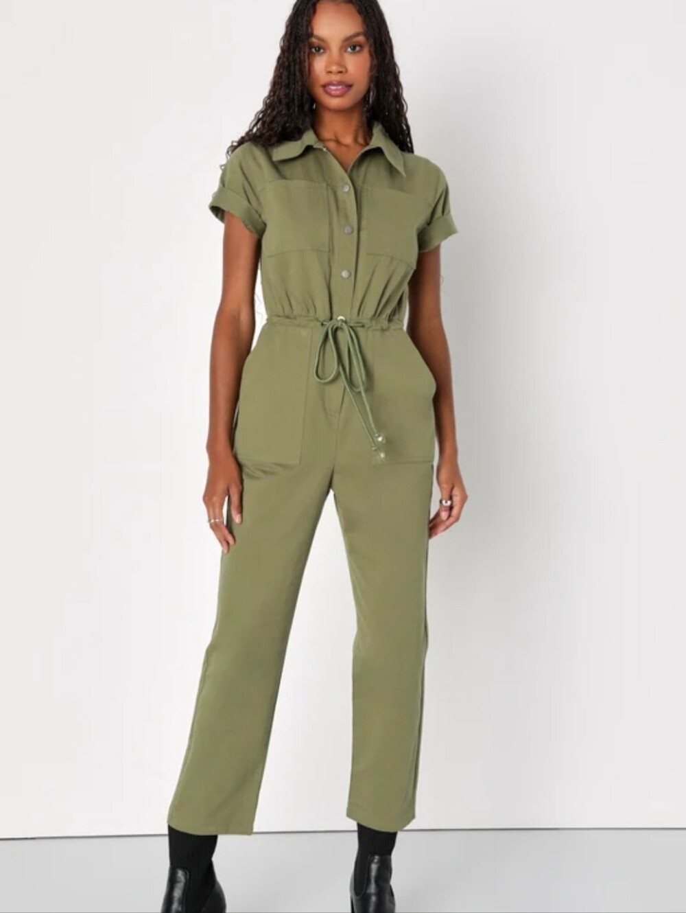 Lulu's Olive Utility Drawstring Short Sleeve Jumpsuit